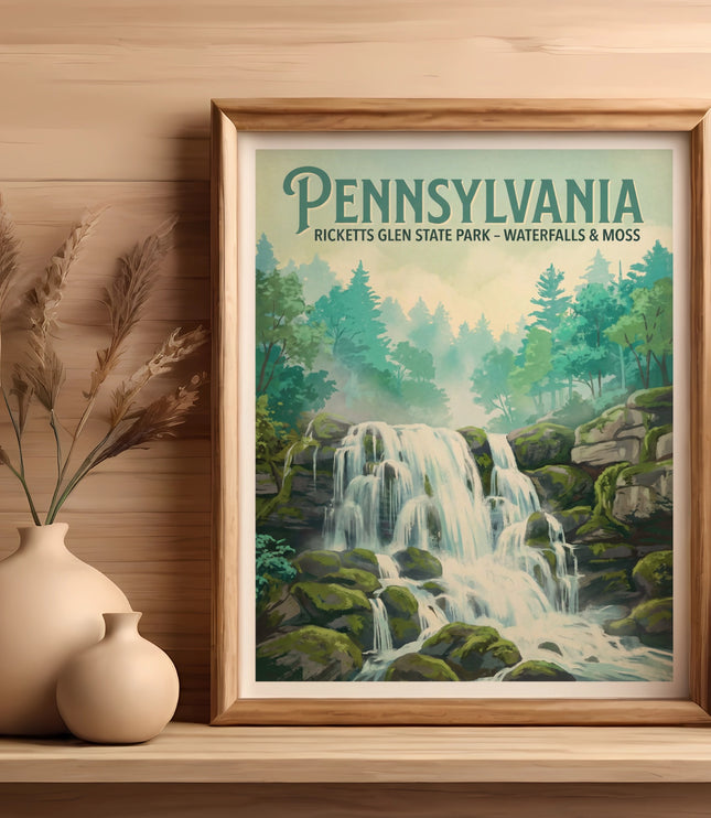 Framed print of Ricketts Glen State Park waterfalls and moss in Pennsylvania.