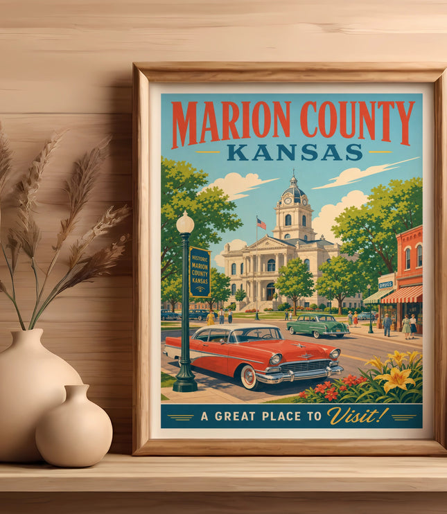 Marion County, Kansas poster with vintage car and courthouse, "A Great Place to Visit!"