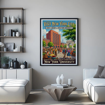 Vintage poster for Bobst Library at New York University, showing students.