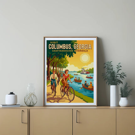 Visit Columbus, Georgia, Chattahoochee Riverwalk vintage travel poster.
