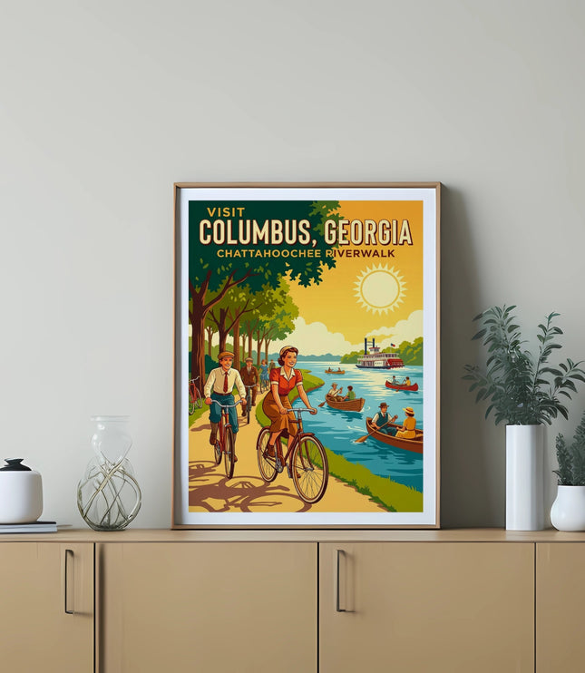 Visit Columbus, Georgia, Chattahoochee Riverwalk vintage travel poster.