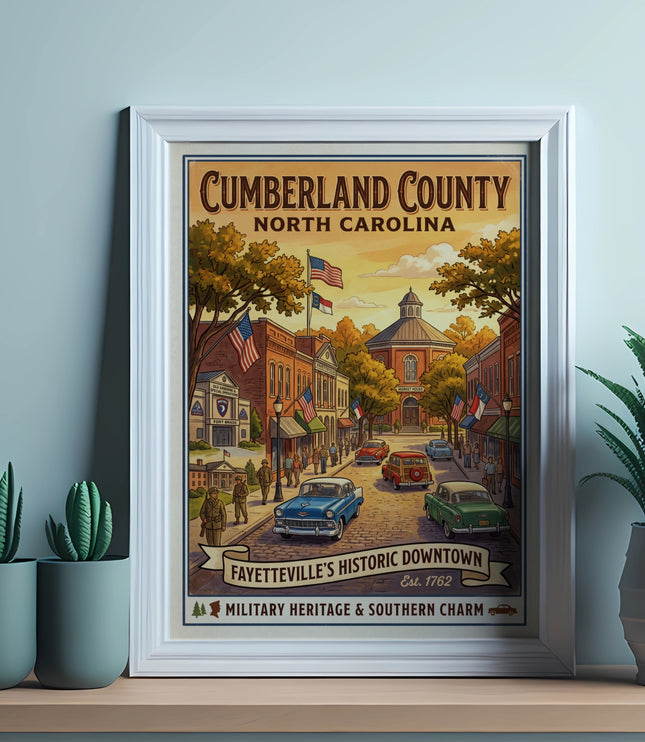 Cumberland County, North Carolina poster depicting Fayetteville's historic downtown and military heritage.