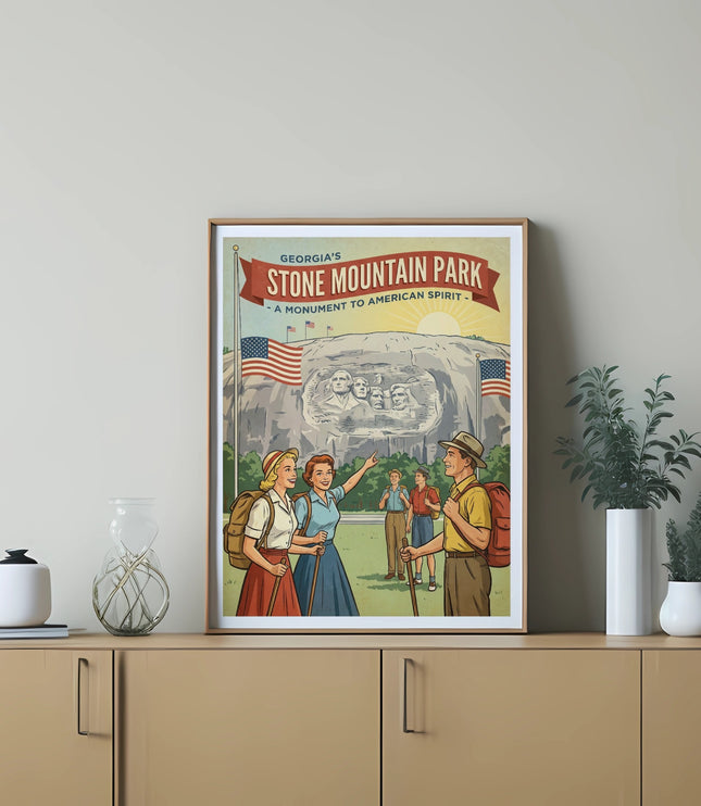 Georgia's Stone Mountain Park poster with presidential carvings and hikers.