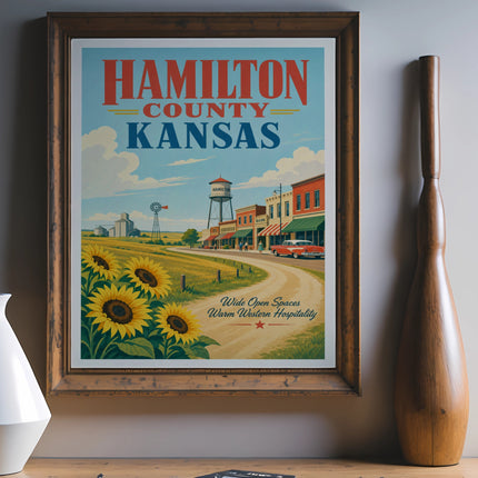 Hamilton County Kansas poster with sunflowers, a small town, and rural landscape.