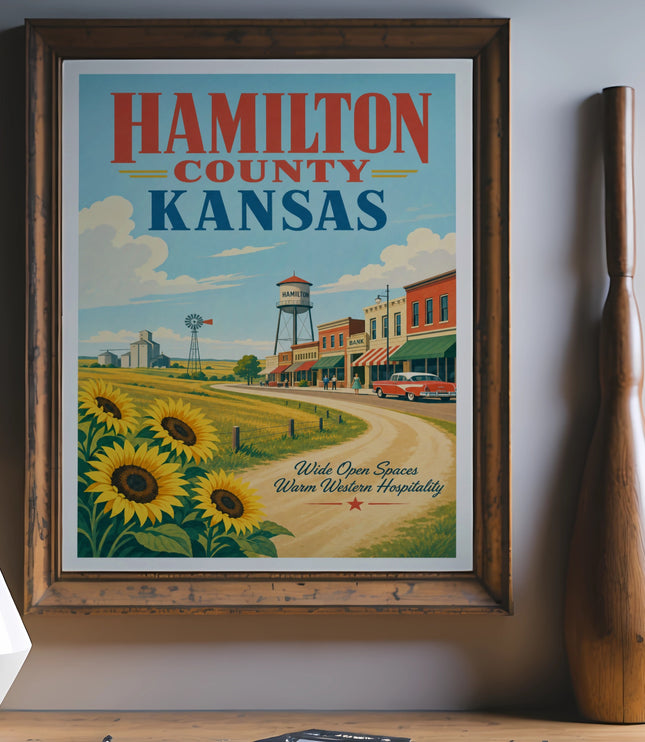 Hamilton County Kansas poster with sunflowers, a small town, and rural landscape.