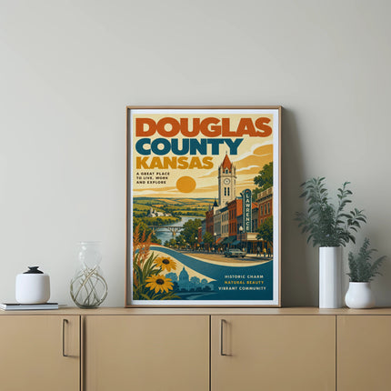Douglas County, Kansas vintage travel poster with "Lawrence" and descriptive text.
