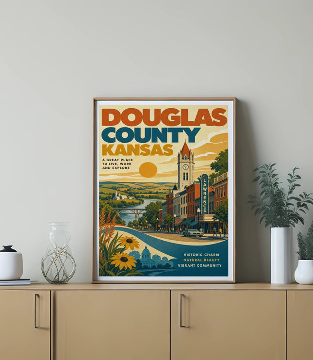 Douglas County, Kansas vintage travel poster with "Lawrence" and descriptive text.