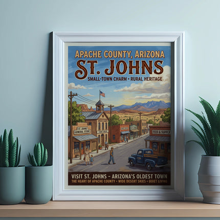 St. Johns, Arizona vintage poster showing downtown street scene with text.