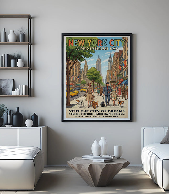 New York City vintage poster showing people and dogs strolling down a city street.