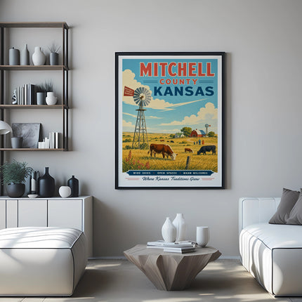 Mitchell County, Kansas poster with windmill, cows, and farm scene.