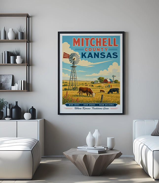 Mitchell County, Kansas poster with windmill, cows, and farm scene.