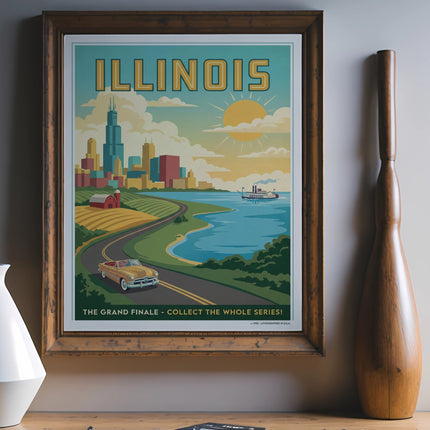Illinois travel poster featuring Chicago skyline, lake, and road with classic car.