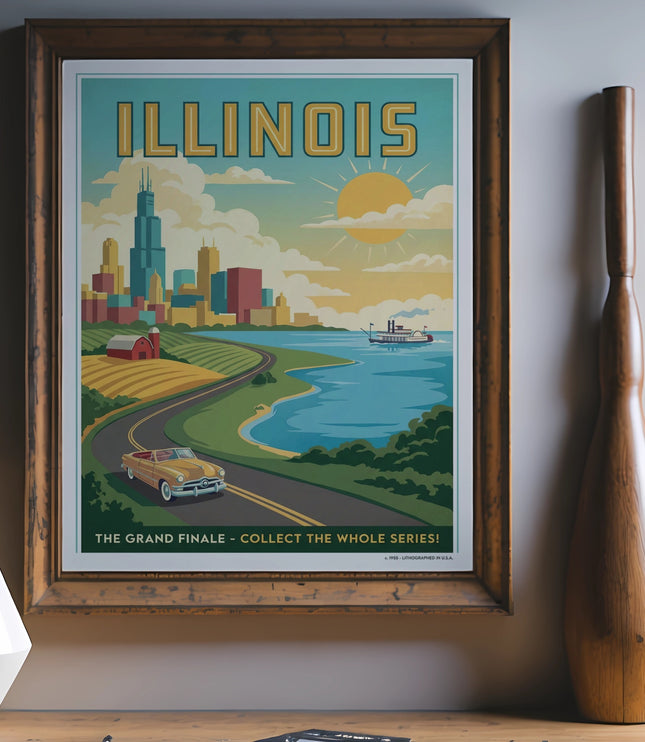 Illinois travel poster featuring Chicago skyline, lake, and road with classic car.
