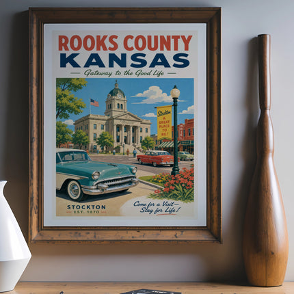 Rooks County Kansas vintage travel poster featuring Stockton Courthouse and cars.
