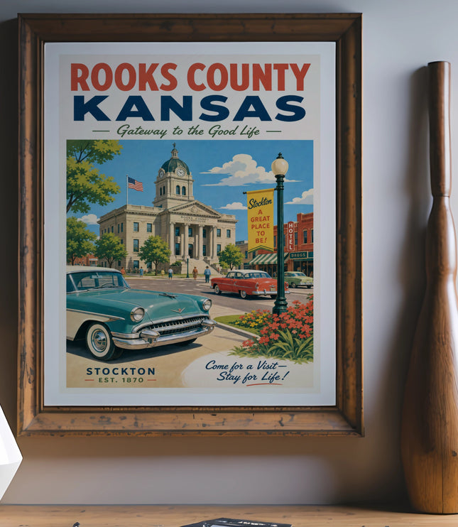 Rooks County Kansas vintage travel poster featuring Stockton Courthouse and cars.