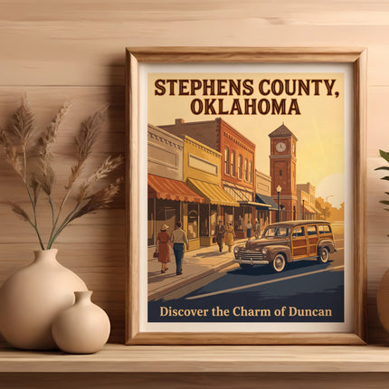 Vintage poster artwork of Stephens County, Oklahoma, with a woody station wagon and clock tower.