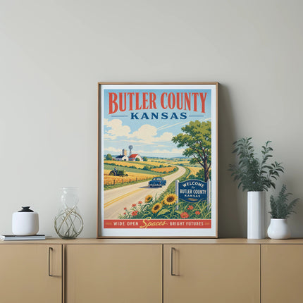 Butler County, Kansas poster with farm, sunflowers, and text "WIDE OPEN SPACES. BRIGHT HORIZONS."