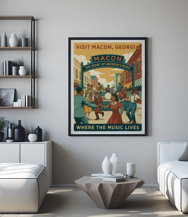 Vintage "Macon, Georgia: The Heart of Georgia's Music" poster with people dancing.