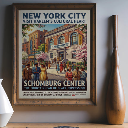 Vintage New York City Schomburg Center poster promoting Harlem's cultural heart.