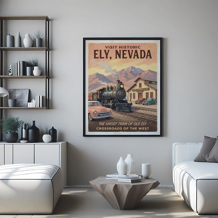 Visit Historic Ely, Nevada poster featuring a train, car, and museum.