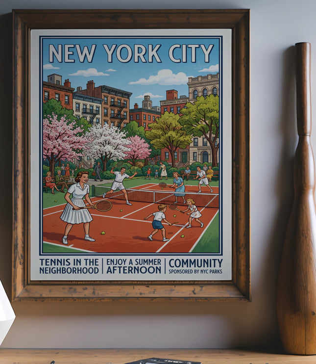 New York City vintage poster of people playing tennis in a neighborhood park.