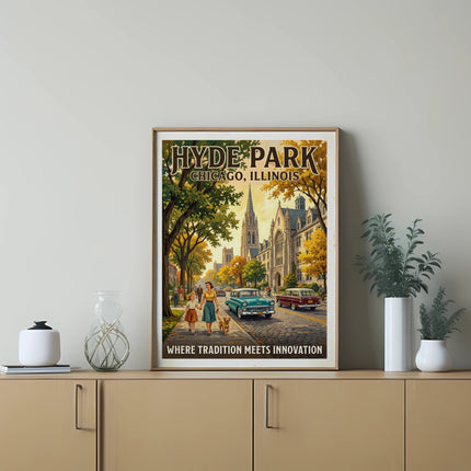 Vintage poster of Hyde Park, Chicago, Illinois, showing a street scene with people and cars.