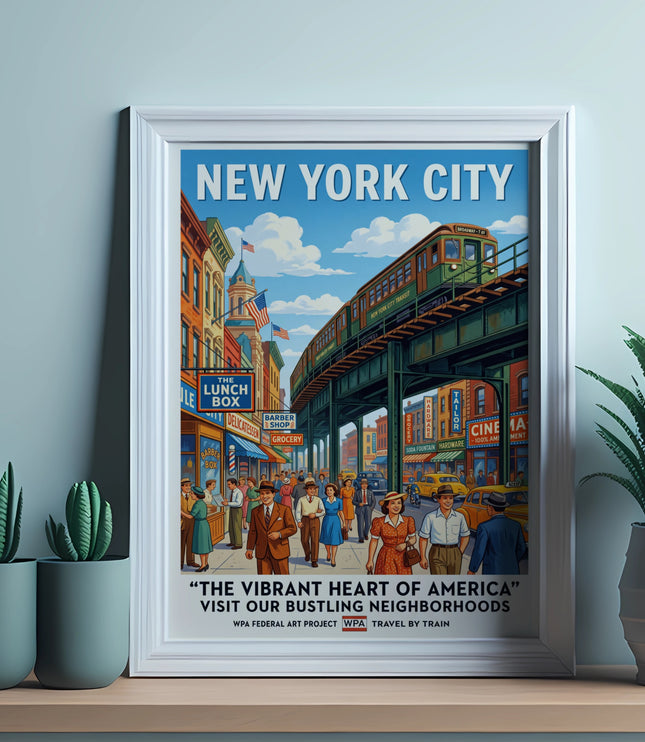 New York City WPA poster depicting an elevated train and bustling street scene.
