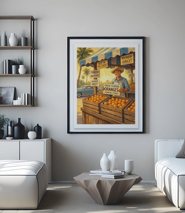 Framed artwork of a man selling Florida oranges with signs reading "Fresh Florida Oranges."