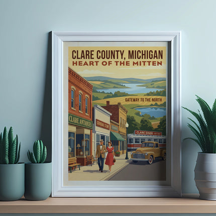 Clare County, Michigan vintage travel poster with text and illustration.