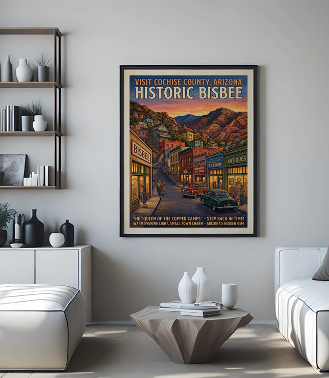 Historic Bisbee, Arizona travel poster in a modern living room.