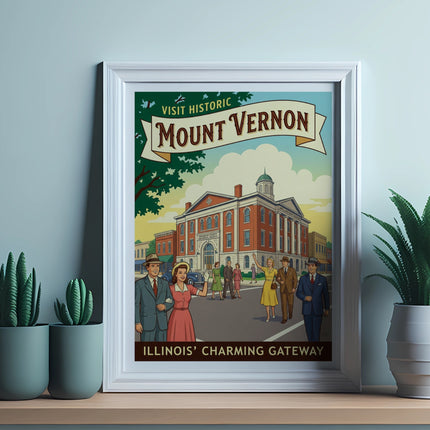 Framed vintage poster of Mount Vernon, Illinois, showcasing historic buildings and people.