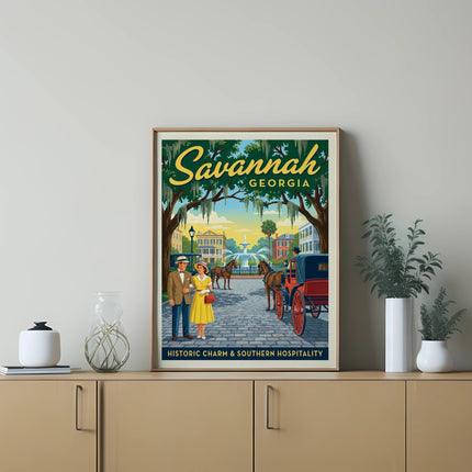 Savannah, Georgia vintage travel poster with historic charm text.