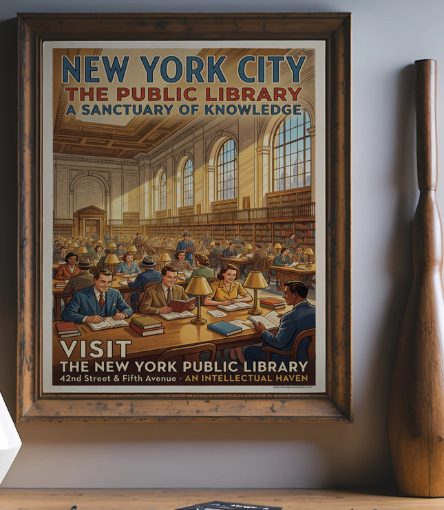 Vintage poster for New York City Public Library, reading room scene.