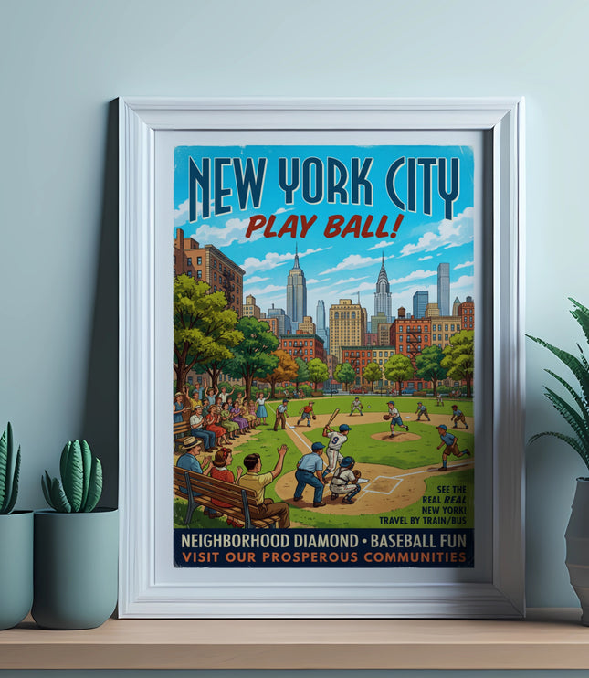 New York City baseball poster featuring a game and skyline, with text "Play Ball!".