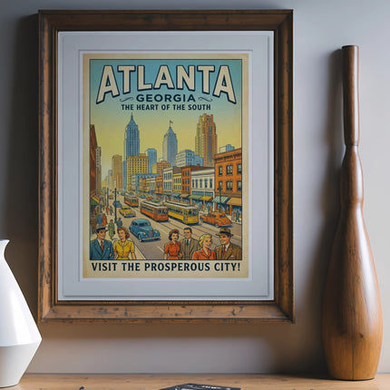 Vintage Atlanta Georgia travel poster with cityscape and "Visit the Prosperous City!"
