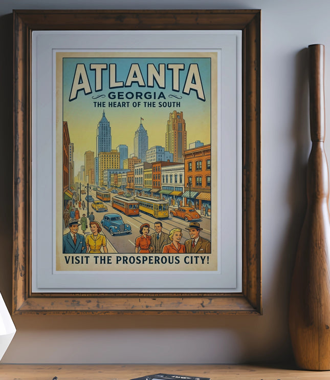 Vintage Atlanta Georgia travel poster with cityscape and "Visit the Prosperous City!"