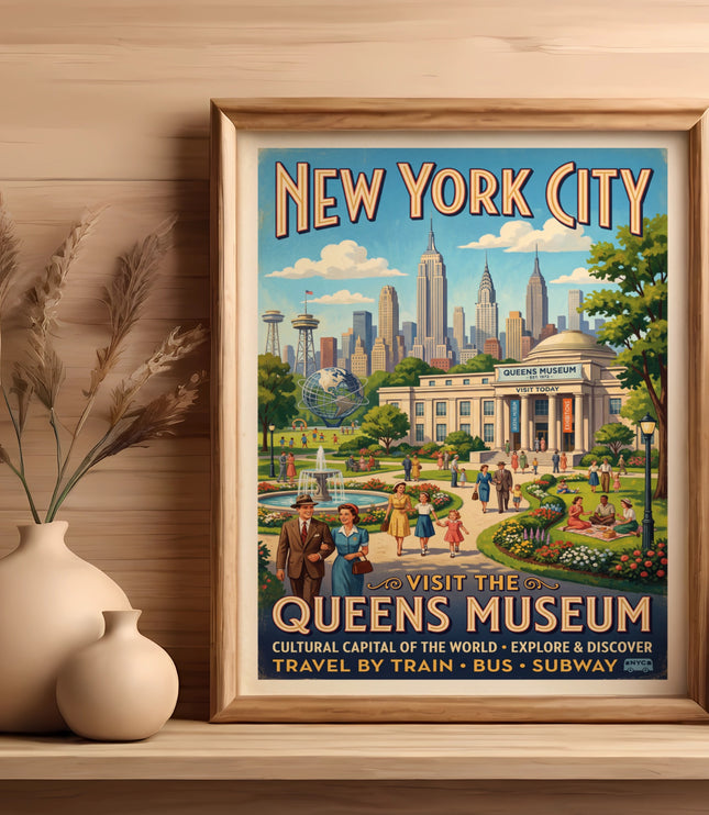 Vintage "New York City Visit the Queens Museum" poster with skyline and people.