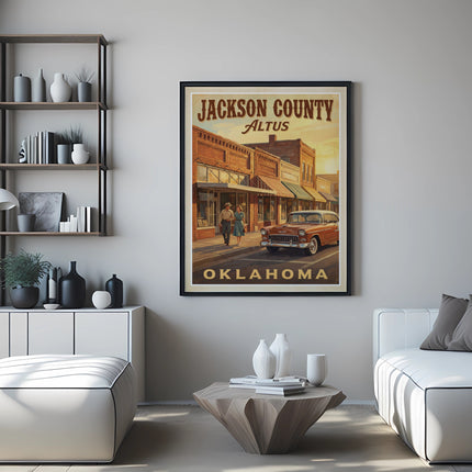 Poster of Jackson County, Altus, Oklahoma, featuring a classic car and brick buildings.