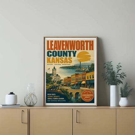 Leavenworth County Kansas vintage travel poster with town scene and text.