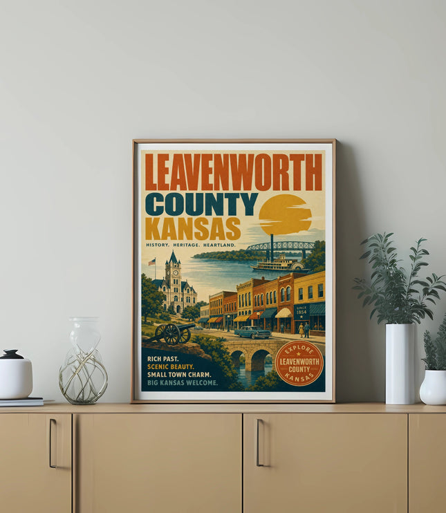 Leavenworth County Kansas vintage travel poster with town scene and text.
