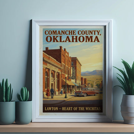 Comanche County, Oklahoma poster featuring Lawton, heart of the Wichitas.