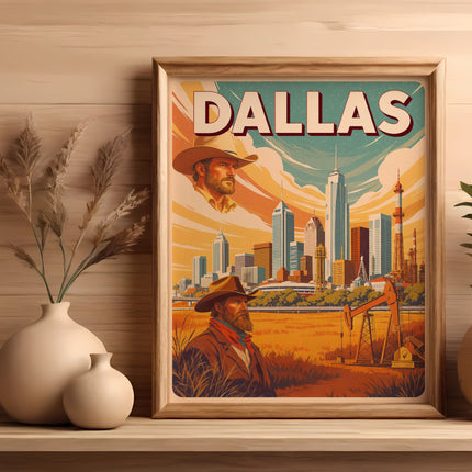 Vintage Dallas skyline poster featuring cowboy and oil rig.