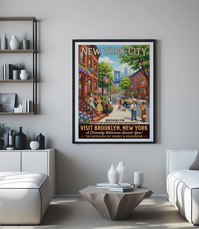Retro "Visit Brooklyn, New York" poster with brownstone street scene.