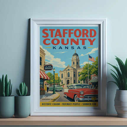 Stafford County, Kansas framed vintage travel poster with courthouse and cars.