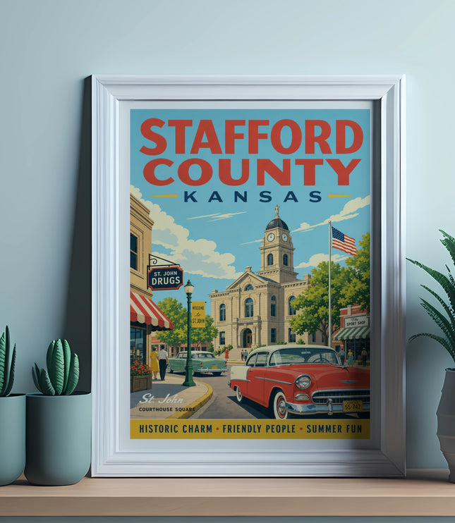 Stafford County, Kansas framed vintage travel poster with courthouse and cars.