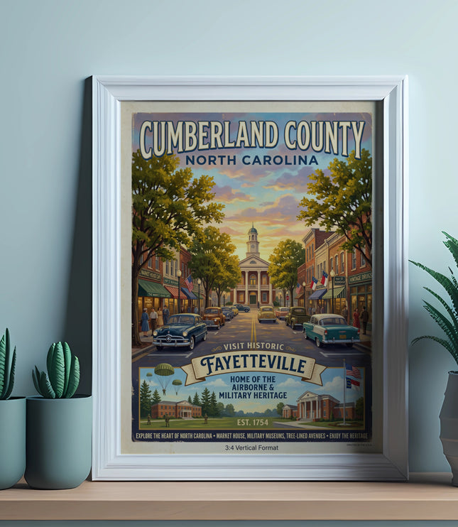 Vintage poster for Cumberland County, North Carolina, featuring Fayetteville.