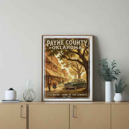 Payne County, Oklahoma, Stillwater - Home of the Cowboys, Est. 1890 vintage poster with green car.