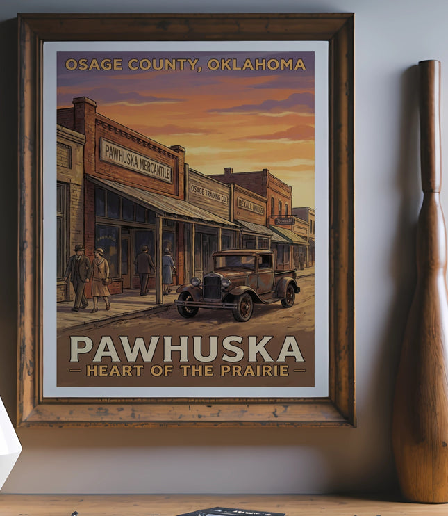 Vintage poster features Pawhuska, Oklahoma, with a truck and buildings.