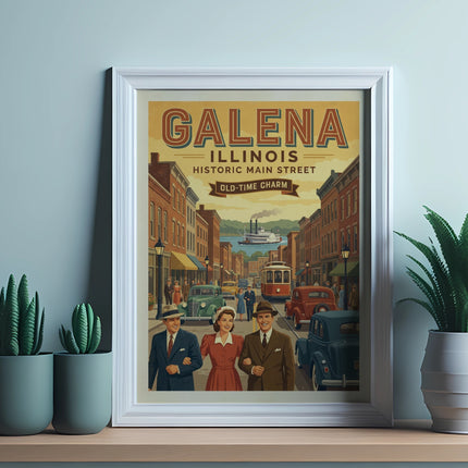 Galena Illinois Historic Main Street old-time charm poster with people and trolley.