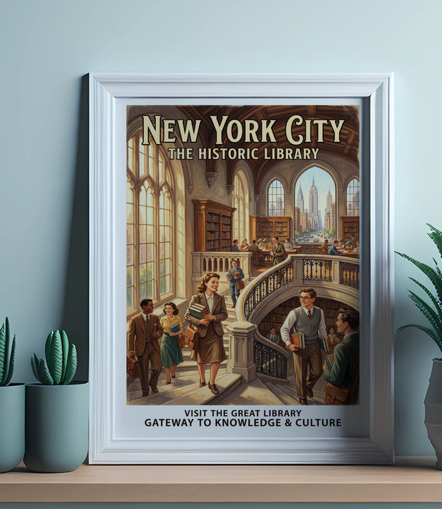 New York City Historic Library poster with people on stairs and city skyline.